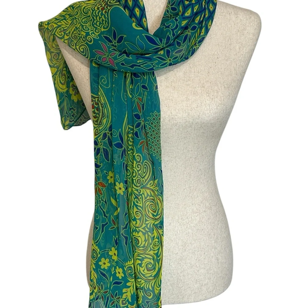 Liang Dian Silk Blend Rectangular Teal & Gold Peacock Scarf - 20” x 59”